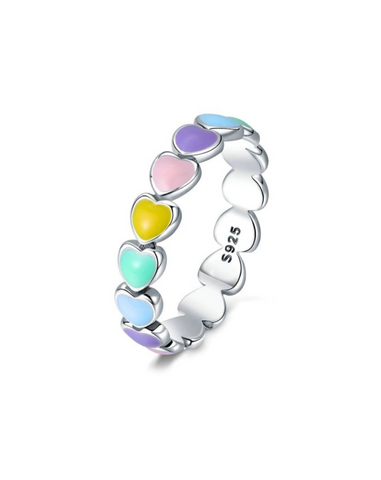Colorful ring with hearts made of sterling silver, rainbow hearts ring 
