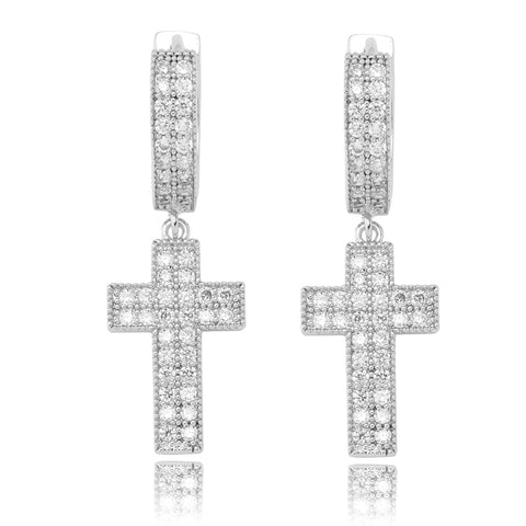 cross earrings, diamond earrings, silver cross earrings, silver hoop earrings, cubic zirconia cross hoop earrings, sovente jewelry 